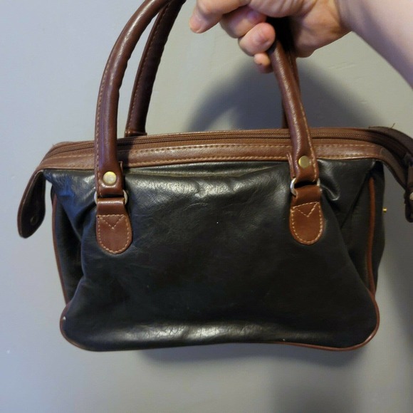 Vintage All Weather black tan Leather Satchel bag purse top Handle expandable - Picture 2 of 5